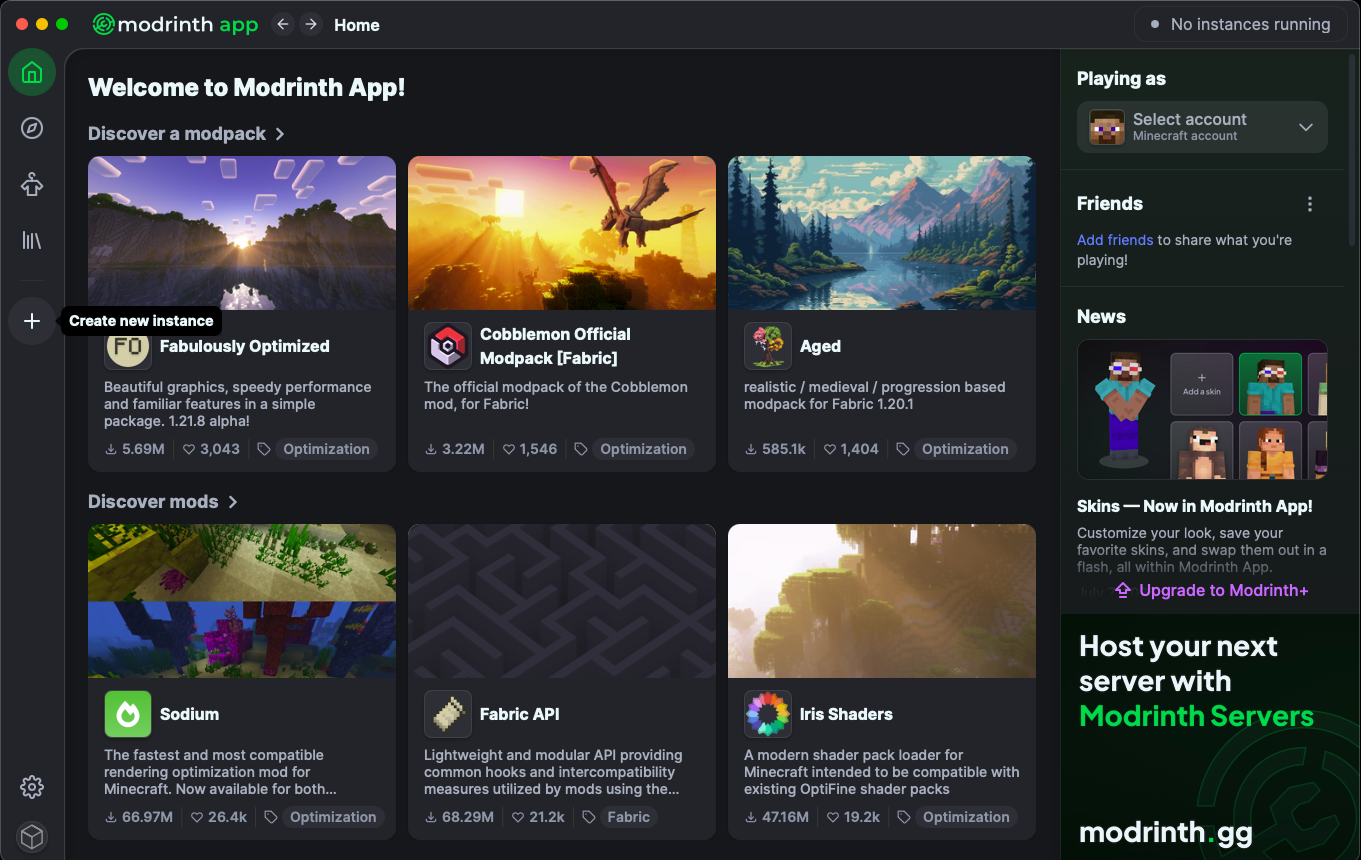 Modrinth app home page showing Create new instance button