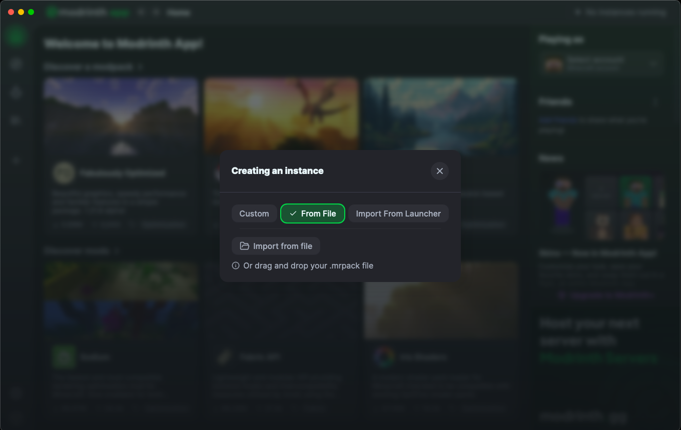 Creating an instance dialog in Modrinth showing From File option